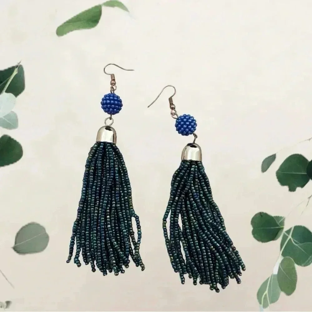 4” Handmade Tassel Earrings in Sparkly Glass Cobalt Beads